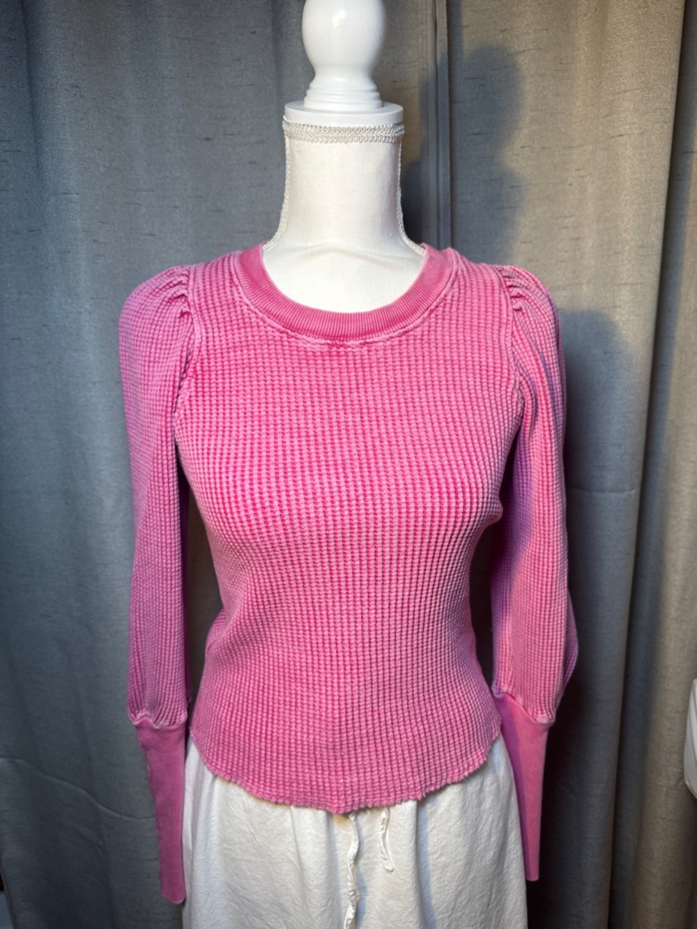 Free People Pink Knit Puff Sleeve Shirt Size M